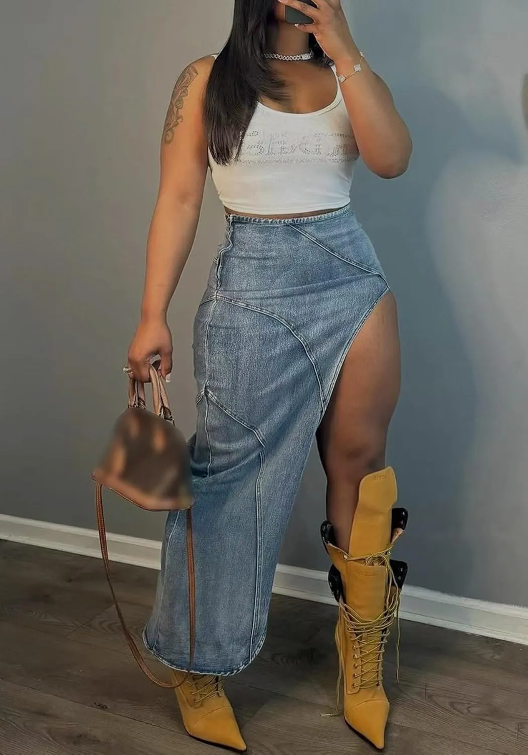 Tbahhir Long High Slit Skirt Denim for Women Tight High Waisted Jean Skirt Maxi Slim Fit Y2k Streetwear