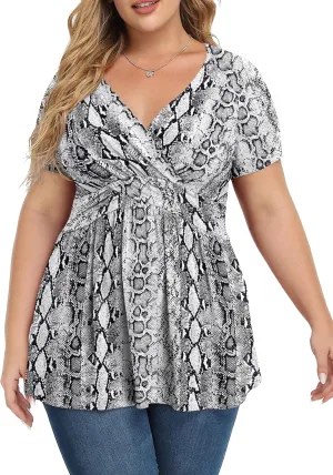 TIANZHU Women's Plus Size Dressy Tops Wrap Shirt Short Sleeve Tunic Top V Neck Low Cut Cute Blouse