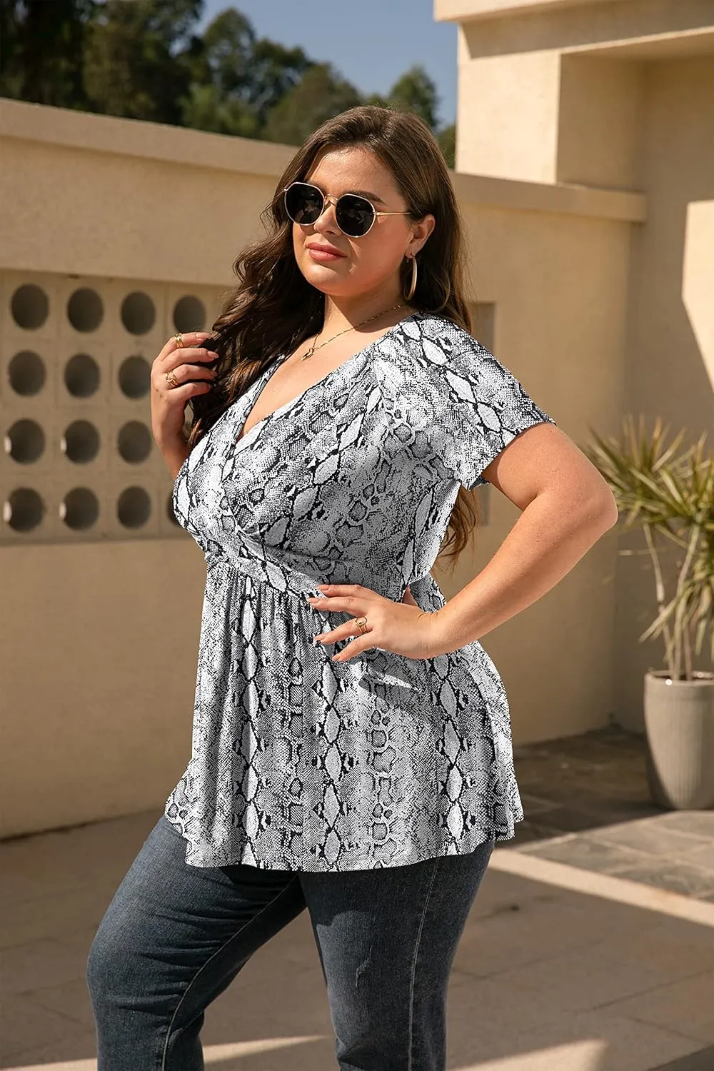 TIANZHU Women's Plus Size Dressy Tops Wrap Shirt Short Sleeve Tunic Top V Neck Low Cut Cute Blouse