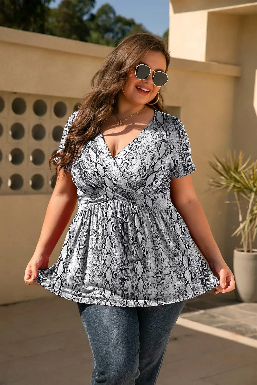TIANZHU Women's Plus Size Dressy Tops Wrap Shirt Short Sleeve Tunic Top V Neck Low Cut Cute Blouse