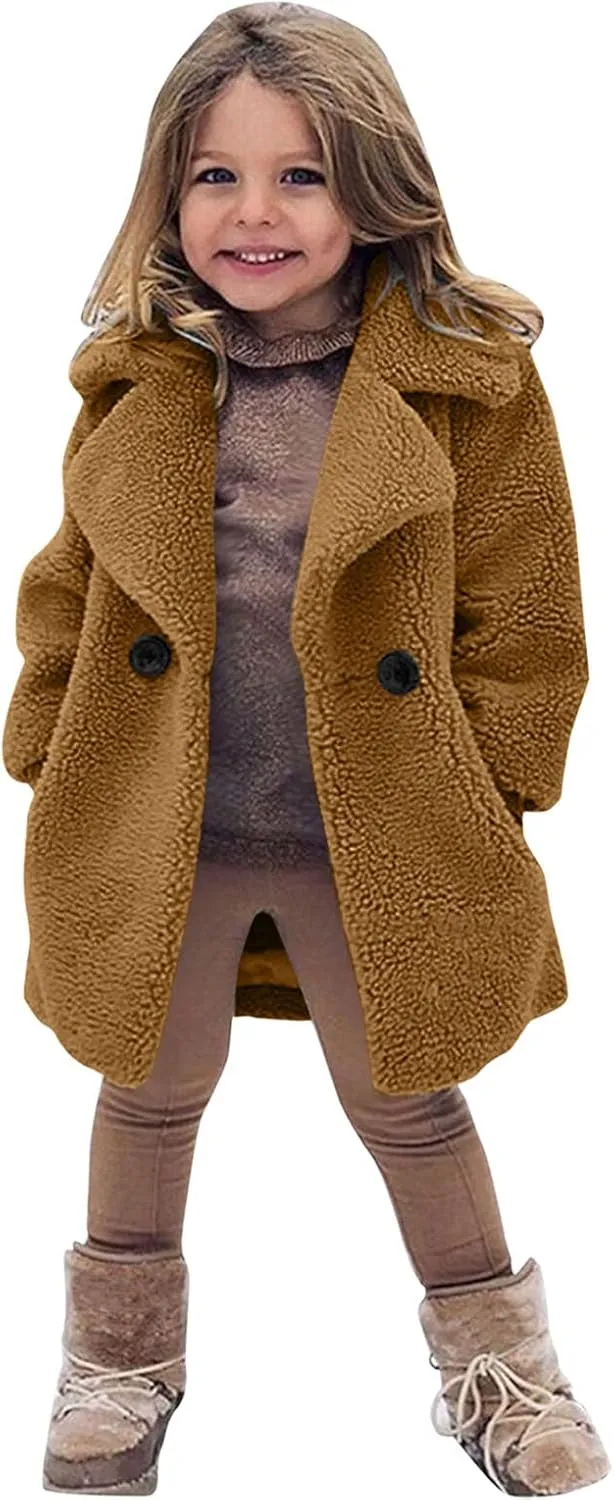 Toddler Baby Girls Faux Fur Jacket Coat Teddy Fleece Fuzzy Trench Coat Long Winter Coats Fluffy Snow Kids Jacket