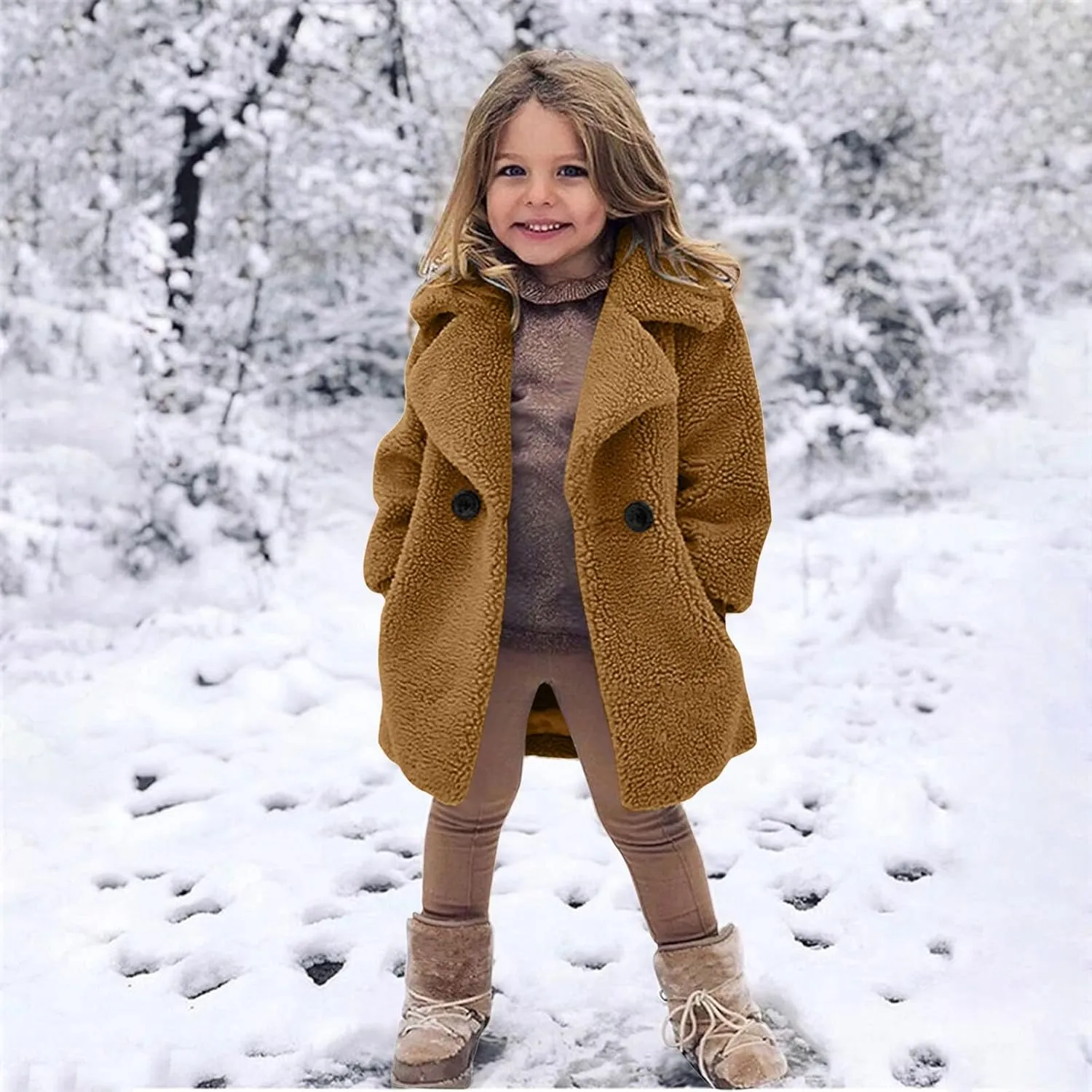 Toddler Baby Girls Faux Fur Jacket Coat Teddy Fleece Fuzzy Trench Coat Long Winter Coats Fluffy Snow Kids Jacket