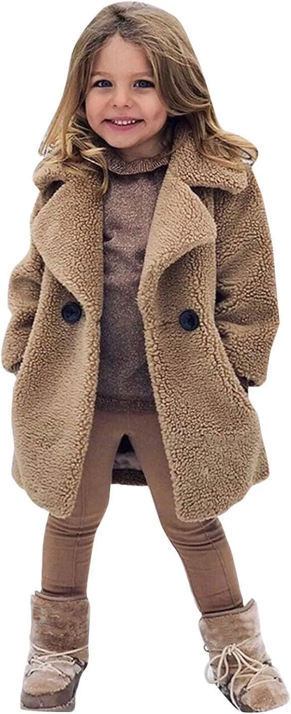 Toddler Baby Girls Faux Fur Jacket Coat Teddy Fleece Fuzzy Trench Coat Long Winter Coats Fluffy Snow Kids Jacket
