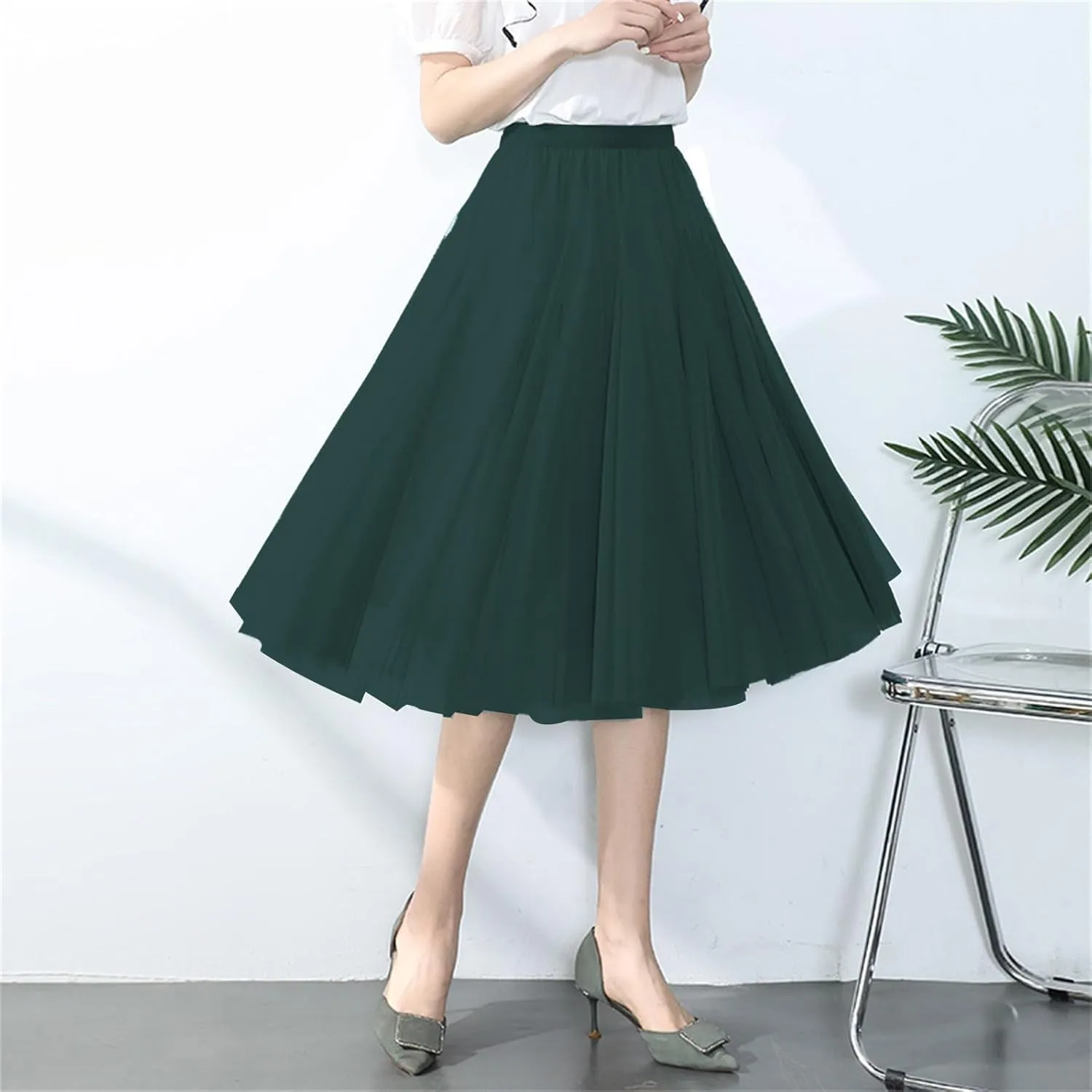 Tulle Skirts for Women Long Flowy Midi Length Elastic High Waist Pleated Mesh Skirt A-Line Party Tulle Dress Womens Skirt
