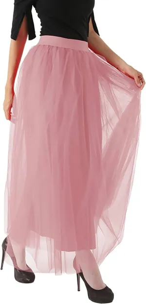Tulle Skirts for Women Long Flowy Midi Length Elastic High Waist Pleated Mesh Skirt A-Line Party Tulle Dress Womens Skirt