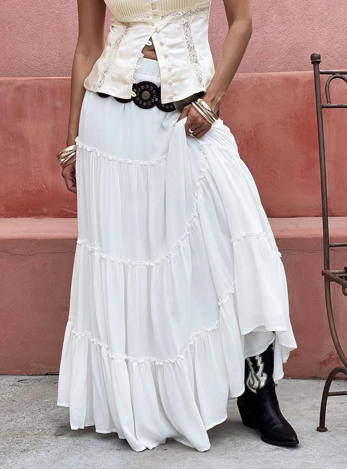 UAURORAO Women Boho Long Skirt Tiered Ruffle Flowy Maxi Skirt Elastic Waist Pleated A Line Midi Skirt Beach Vacation