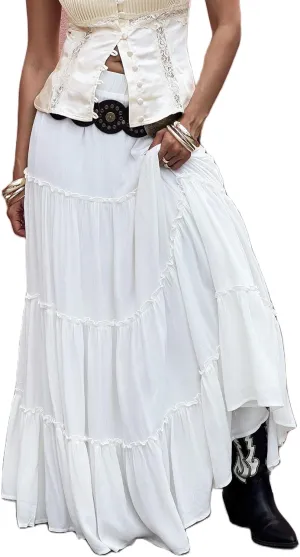 UAURORAO Women Boho Long Skirt Tiered Ruffle Flowy Maxi Skirt Elastic Waist Pleated A Line Midi Skirt Beach Vacation