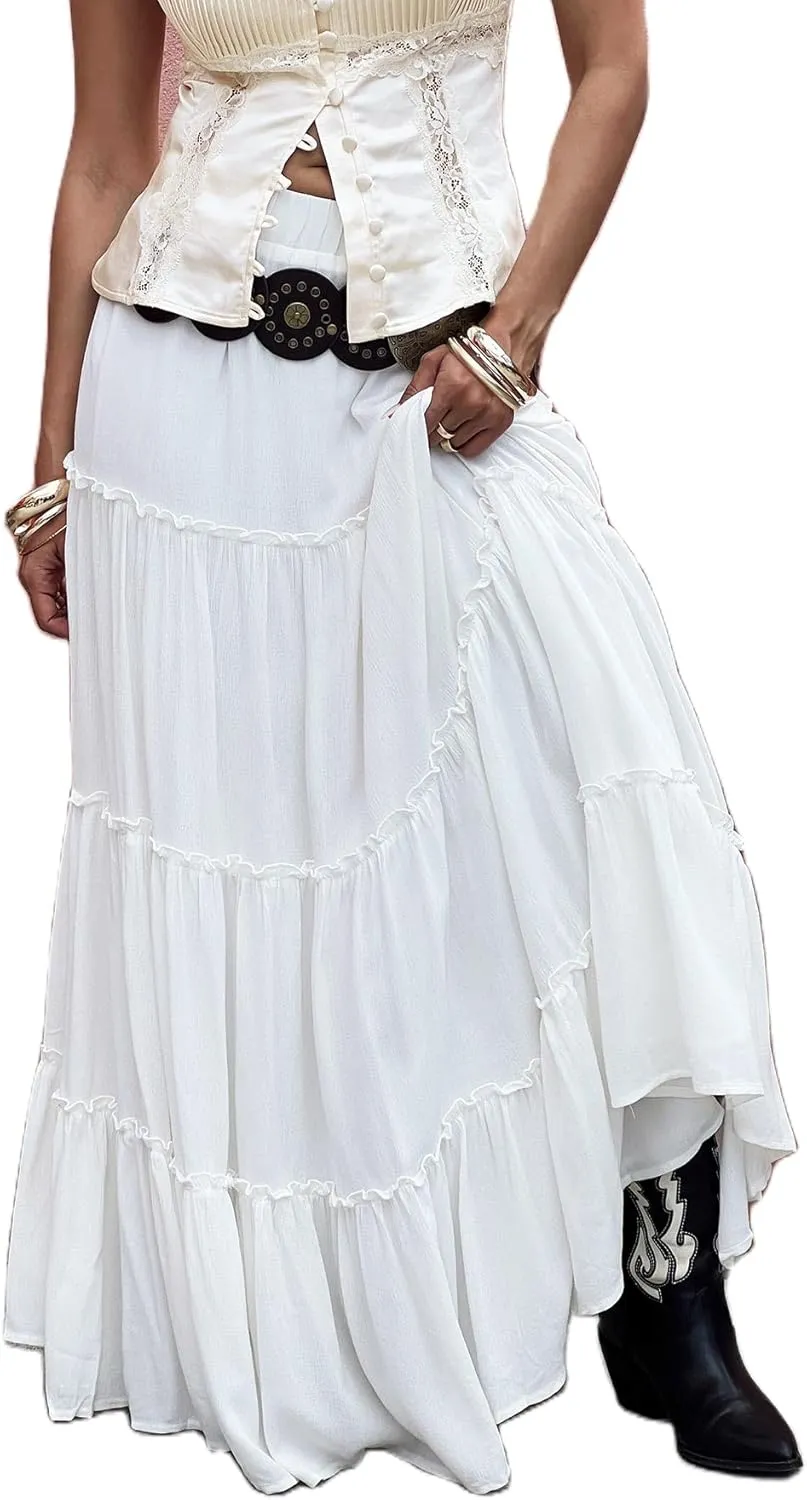 UAURORAO Women Boho Long Skirt Tiered Ruffle Flowy Maxi Skirt Elastic Waist Pleated A Line Midi Skirt Beach Vacation