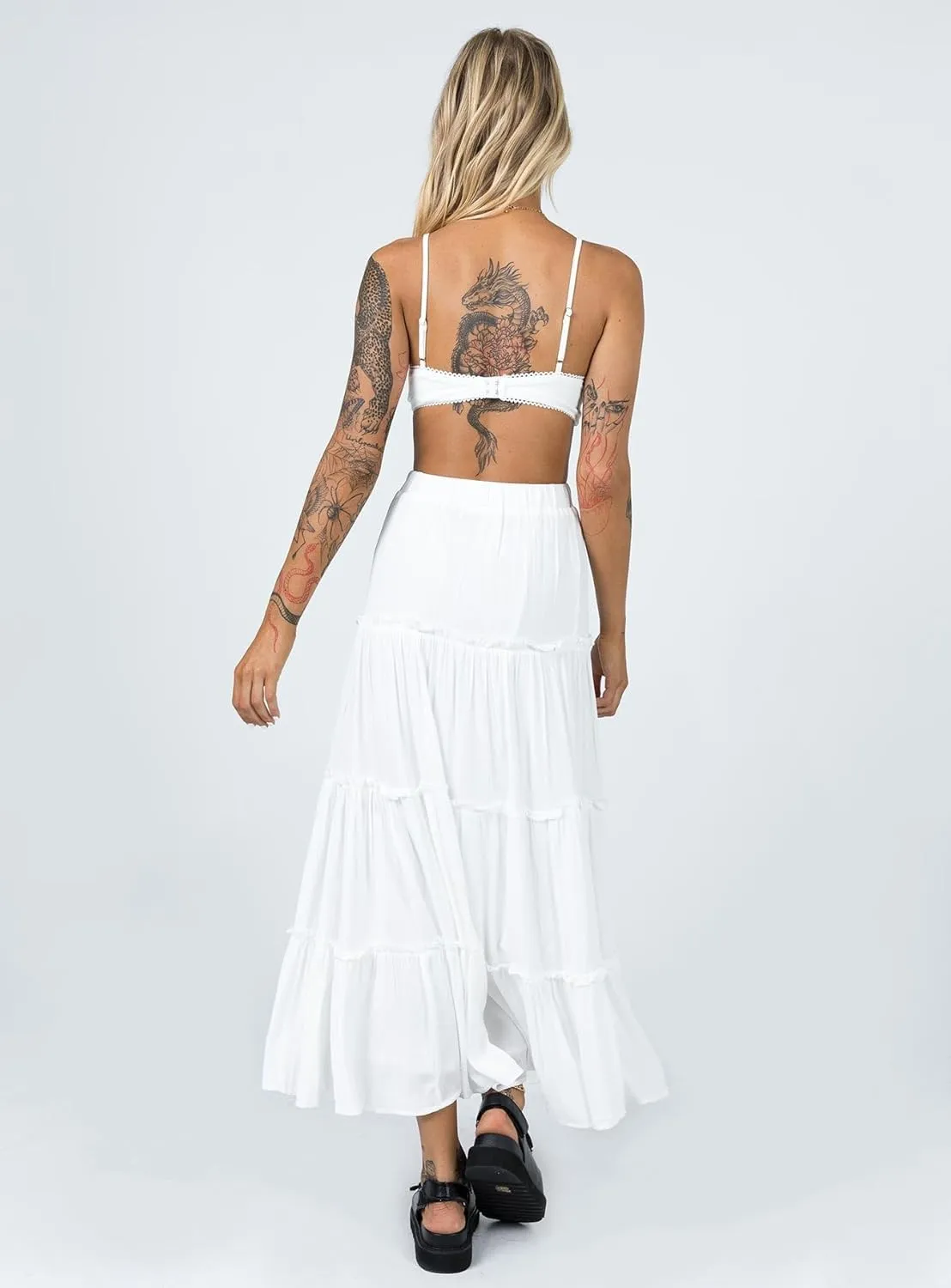 UAURORAO Women Boho Long Skirt Tiered Ruffle Flowy Maxi Skirt Elastic Waist Pleated A Line Midi Skirt Beach Vacation