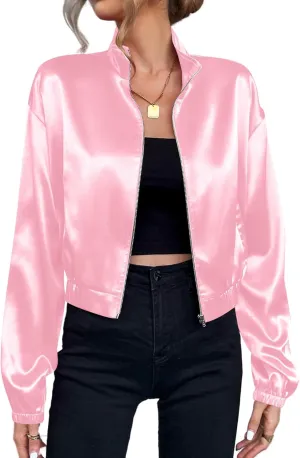 Verdusa Women's Bomber Satin Lightweight Jacket Drop Shoulder Long Sleeve Zip Up Outerwear