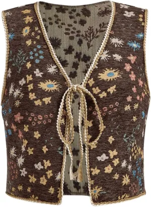 Verdusa Women's Plus Size Tie Front Sleeveless V Neck Floral Print Boho Vest Tank Top