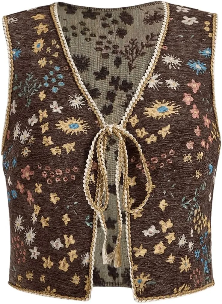 Verdusa Women's Plus Size Tie Front Sleeveless V Neck Floral Print Boho Vest Tank Top