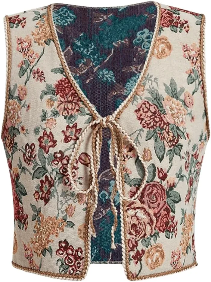 Verdusa Women's Tie Front Jacquard Vest Waistcoat Boho Sleeveless Jacket