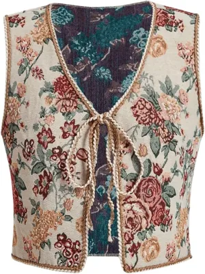 Verdusa Women's Tie Front Jacquard Vest Waistcoat Boho Sleeveless Jacket