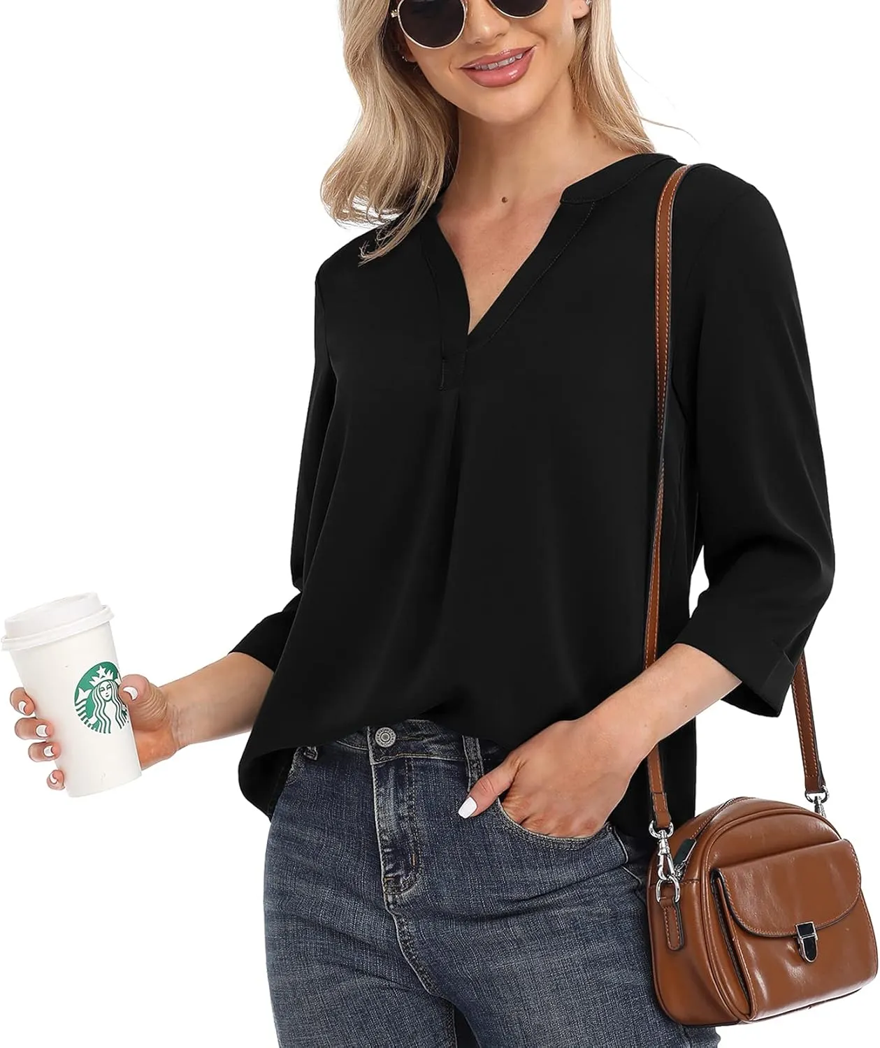 VIISHOW Womens Tops Casual Chiffon Blouses Tops 3/4 Sleeve V Neck Tunic Top Loose Shirt