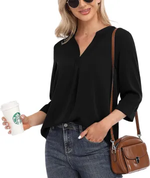 VIISHOW Womens Tops Casual Chiffon Blouses Tops 3/4 Sleeve V Neck Tunic Top Loose Shirt