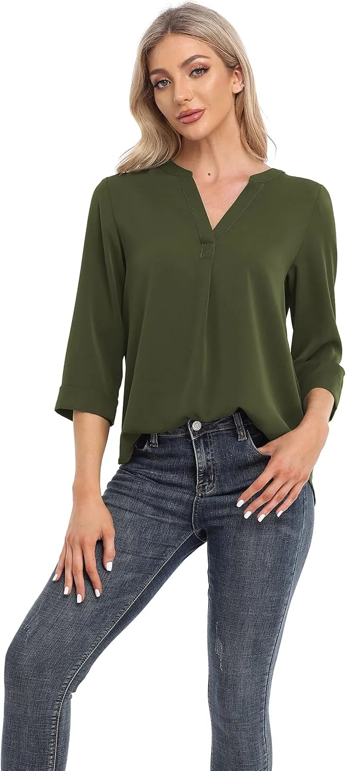 VIISHOW Womens Tops Casual Chiffon Blouses Tops 3/4 Sleeve V Neck Tunic Top Loose Shirt