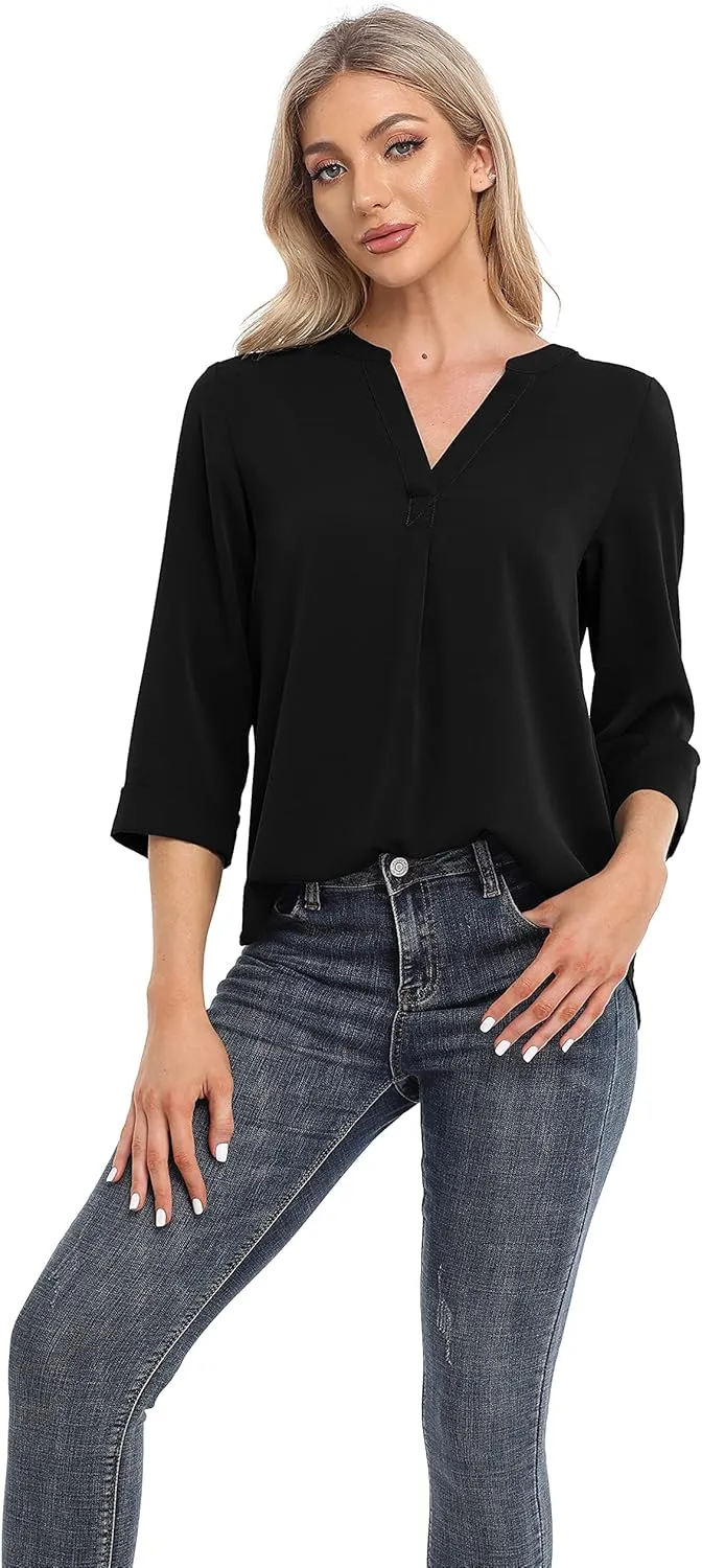 VIISHOW Womens Tops Casual Chiffon Blouses Tops 3/4 Sleeve V Neck Tunic Top Loose Shirt
