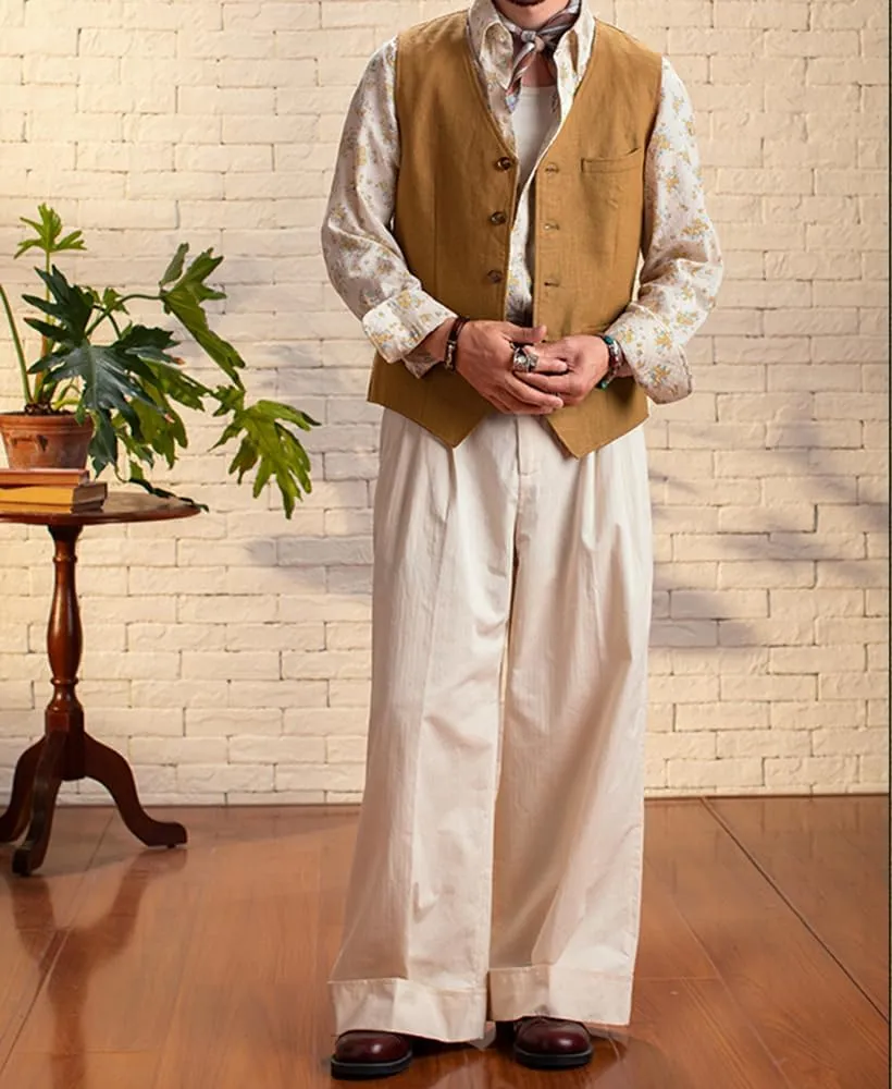 Vintage Men's Linen Lightweight Vest Casual Cotton Linen Blend Classic Design Groomsmen Waistcoat Summer