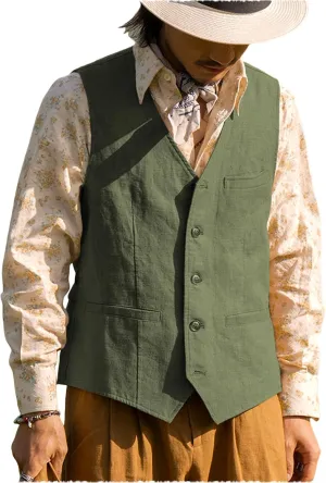 Vintage Men's Linen Lightweight Vest Casual Cotton Linen Blend Classic Design Groomsmen Waistcoat Summer