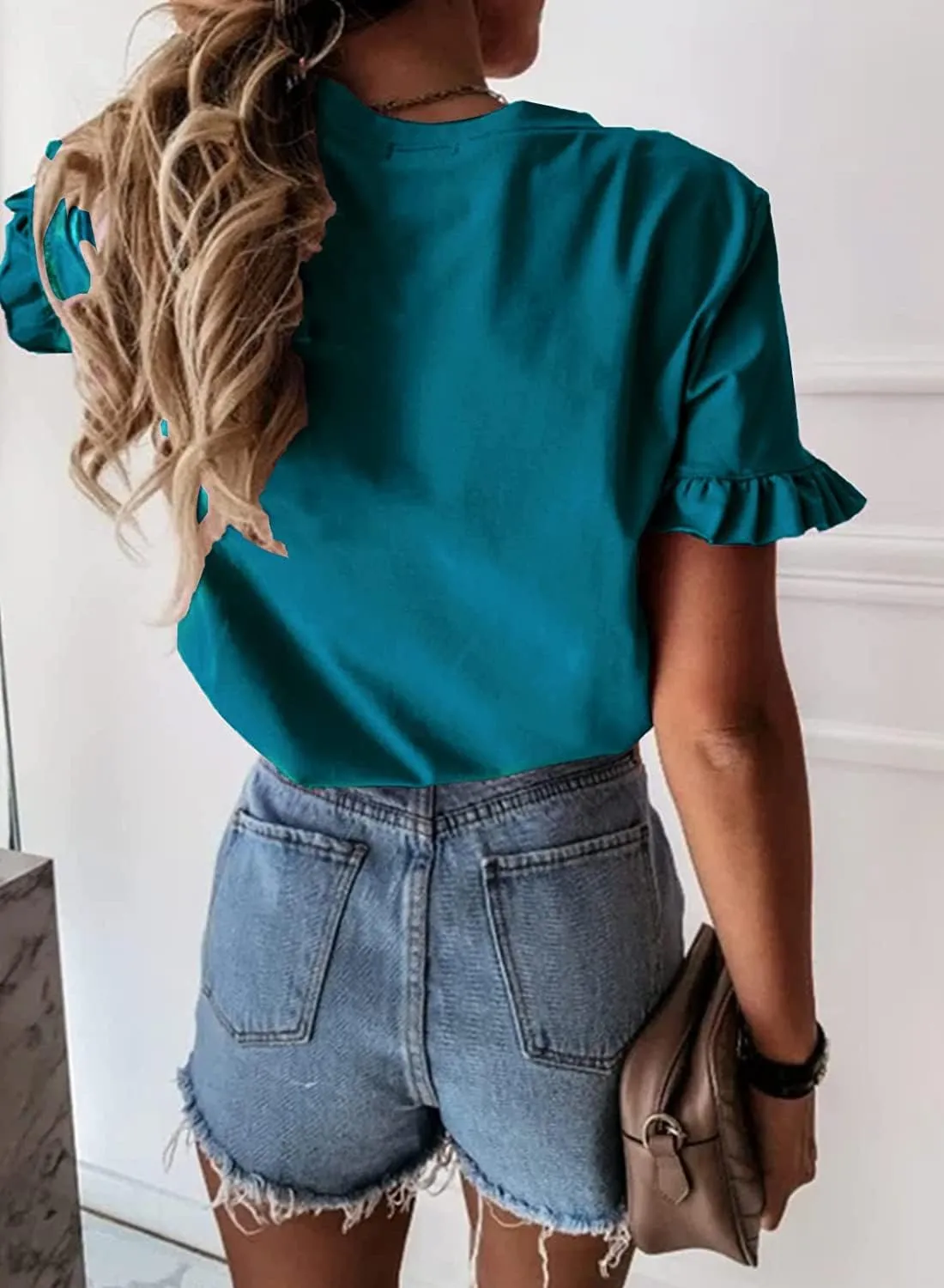 Vircreate Womens Summer Ruffle Plain V Neck T Shirts Short Sleeve Loose Fit Tee Casual Blouse Tunic Tops