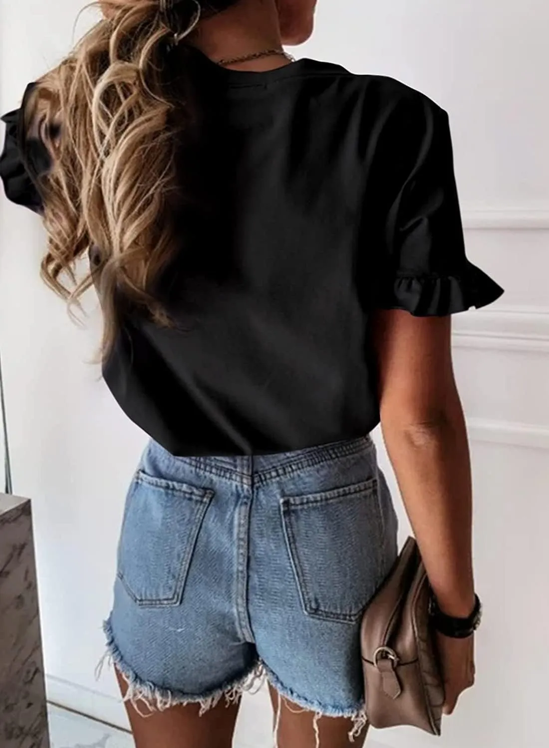 Vircreate Womens Summer Ruffle Plain V Neck T Shirts Short Sleeve Loose Fit Tee Casual Blouse Tunic Tops