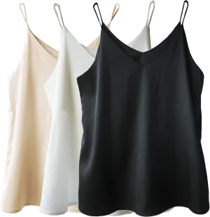 Wantschun Womens Silk Satin Camisole Cami Plain Strappy Vest Top T-Shirt Blouse Tank Shirt V-Neck Spaghetti Strap XS-4X