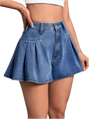 WDIRARA Women's High Waist Ruffle Hem Wide Leg Denim Shorts with Pockets
