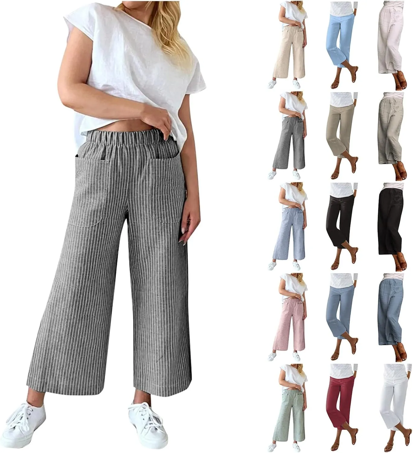 White Linen Pants Women Plus Size Women's Casual Cotton Linen Baggy Pants with Elastic Waist Relax Fit Lantern Trouser