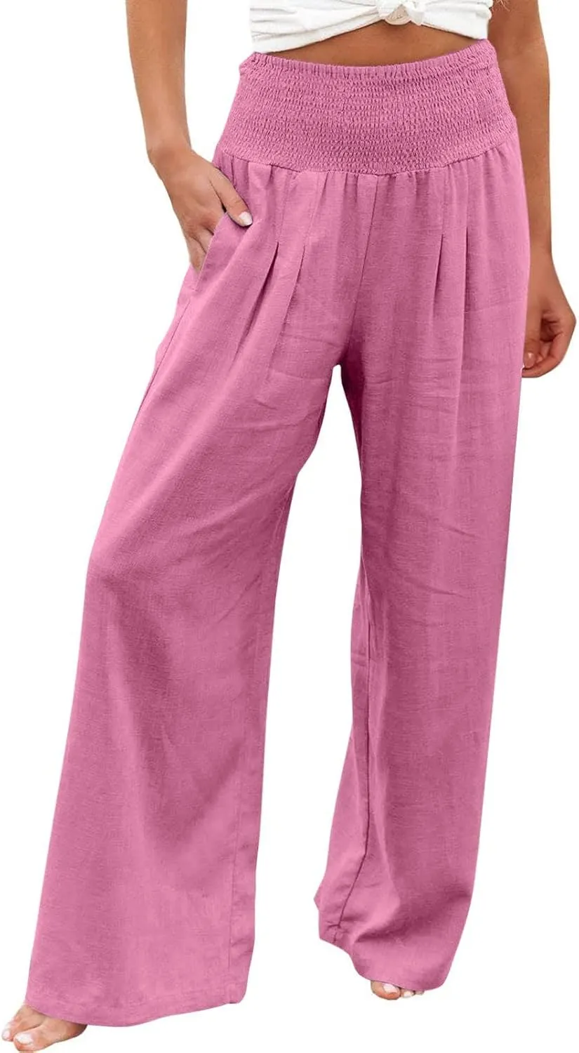 White Linen Pants Women Plus Size Women's Casual Cotton Linen Baggy Pants with Elastic Waist Relax Fit Lantern Trouser