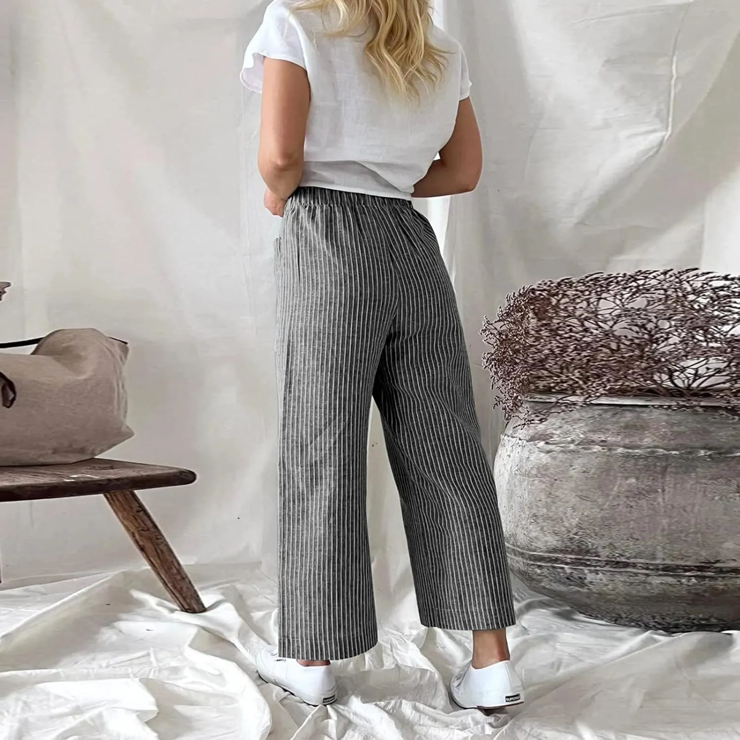 White Linen Pants Women Plus Size Women's Casual Cotton Linen Baggy Pants with Elastic Waist Relax Fit Lantern Trouser