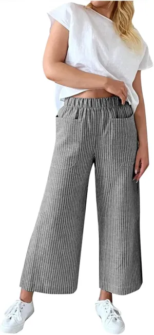 White Linen Pants Women Plus Size Women's Casual Cotton Linen Baggy Pants with Elastic Waist Relax Fit Lantern Trouser