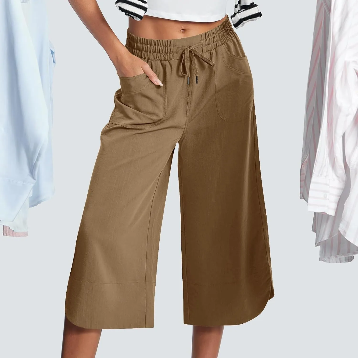 Wide Leg Capri Pants for Women Side Slit Hem Summer Casual Elastic High Waisted Cropped Trousers with Pockets
