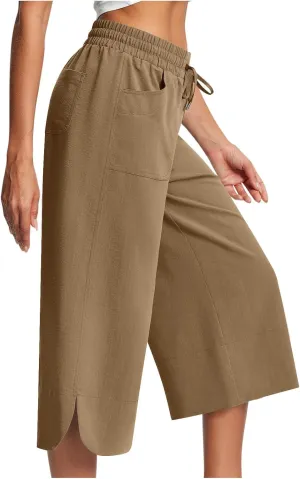 Wide Leg Capri Pants for Women Side Slit Hem Summer Casual Elastic High Waisted Cropped Trousers with Pockets
