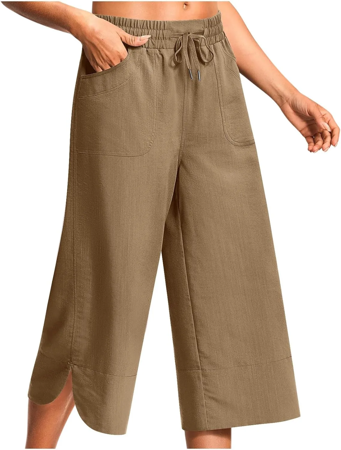 Wide Leg Capri Pants for Women Side Slit Hem Summer Casual Elastic High Waisted Cropped Trousers with Pockets