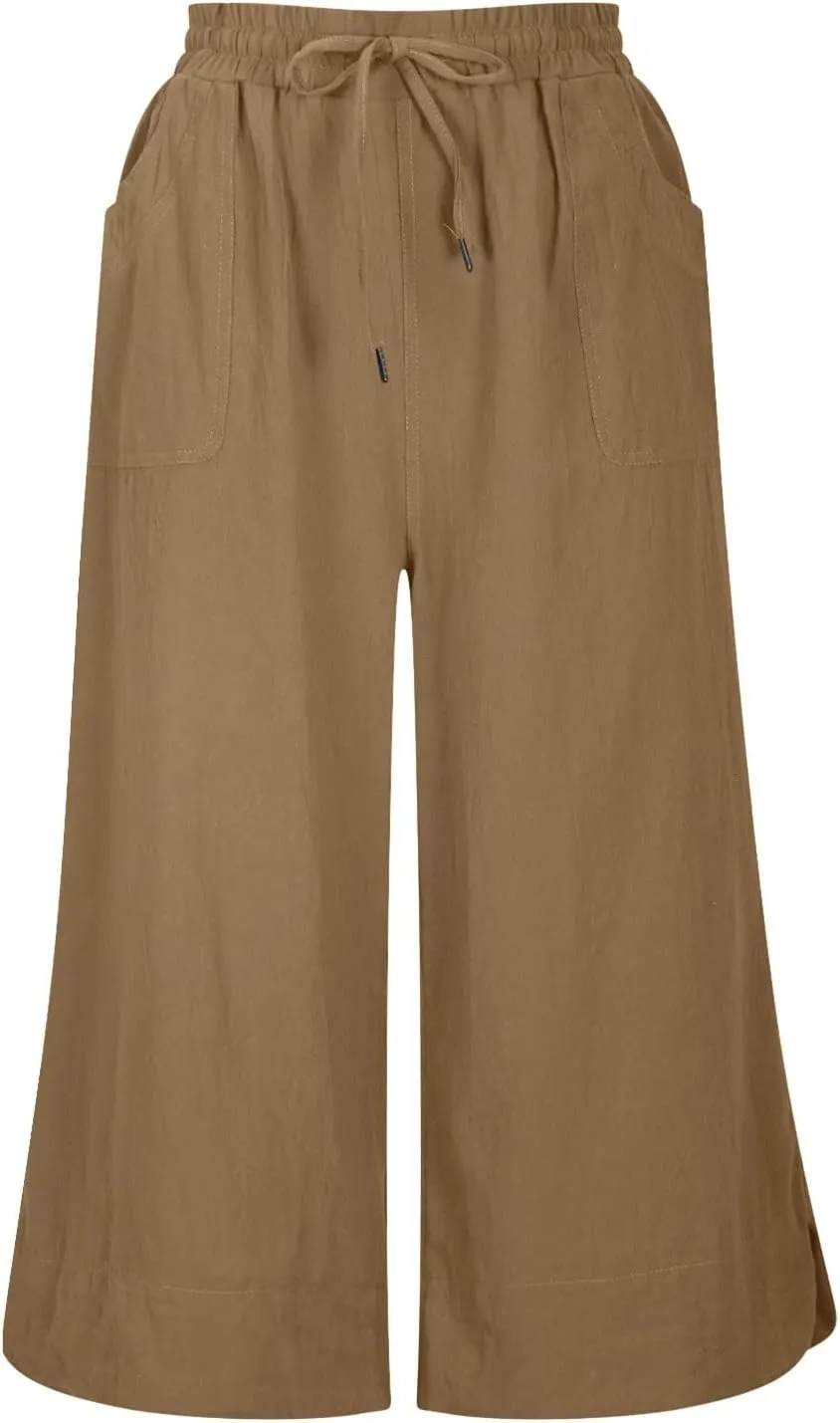 Wide Leg Capri Pants for Women Side Slit Hem Summer Casual Elastic High Waisted Cropped Trousers with Pockets