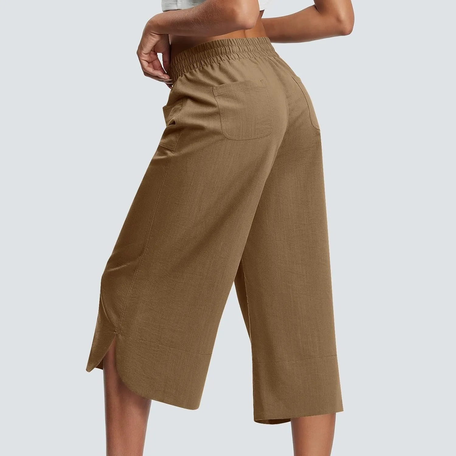 Wide Leg Capri Pants for Women Side Slit Hem Summer Casual Elastic High Waisted Cropped Trousers with Pockets