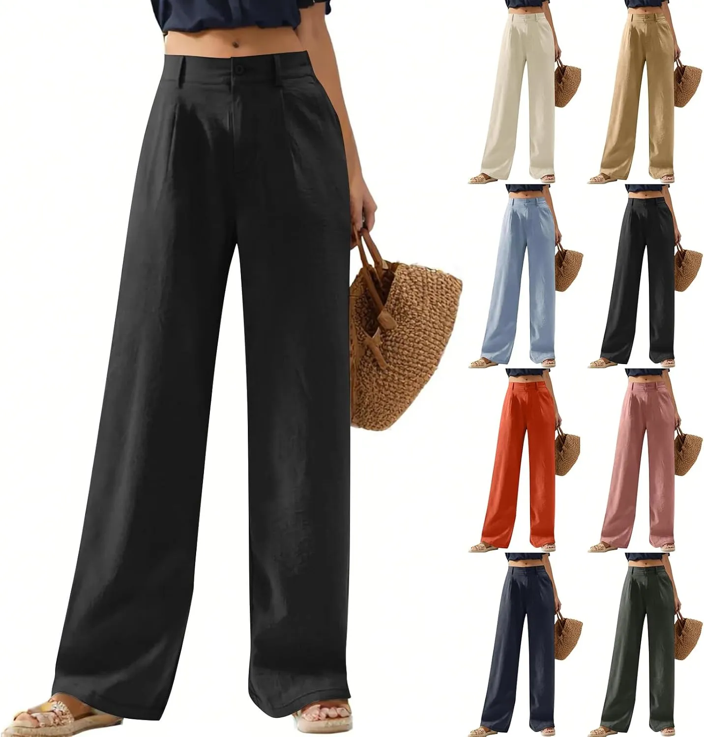 Wide Leg Linen Pants for Women Business Casual High Waisted Dress Pants Office Work Pants Straight Trousers w/Pockets