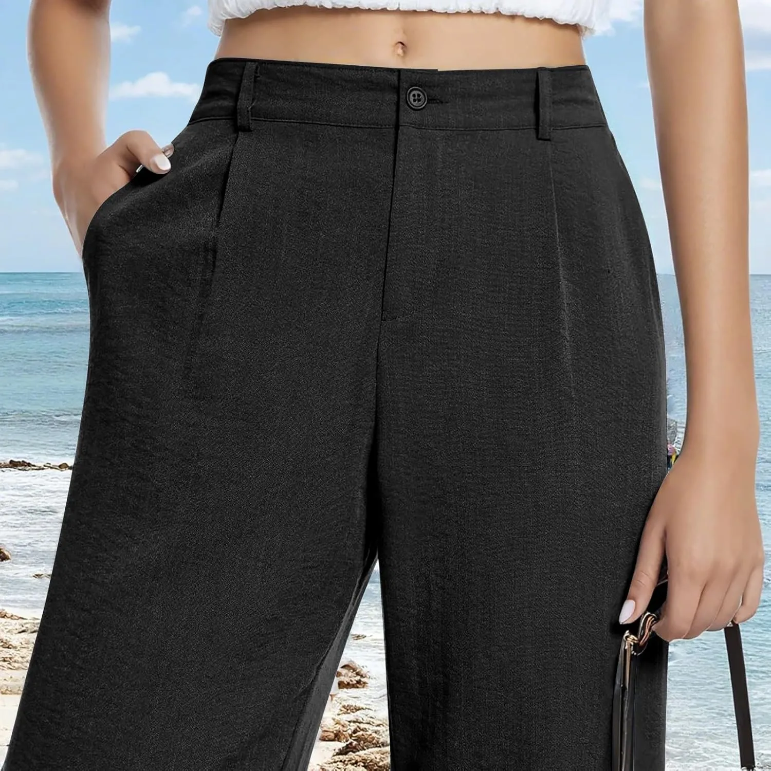 Wide Leg Linen Pants for Women Business Casual High Waisted Dress Pants Office Work Pants Straight Trousers w/Pockets