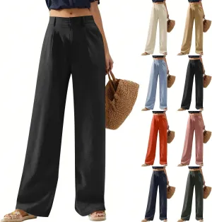 Wide Leg Linen Pants for Women Business Casual High Waisted Dress Pants Office Work Pants Straight Trousers w/Pockets