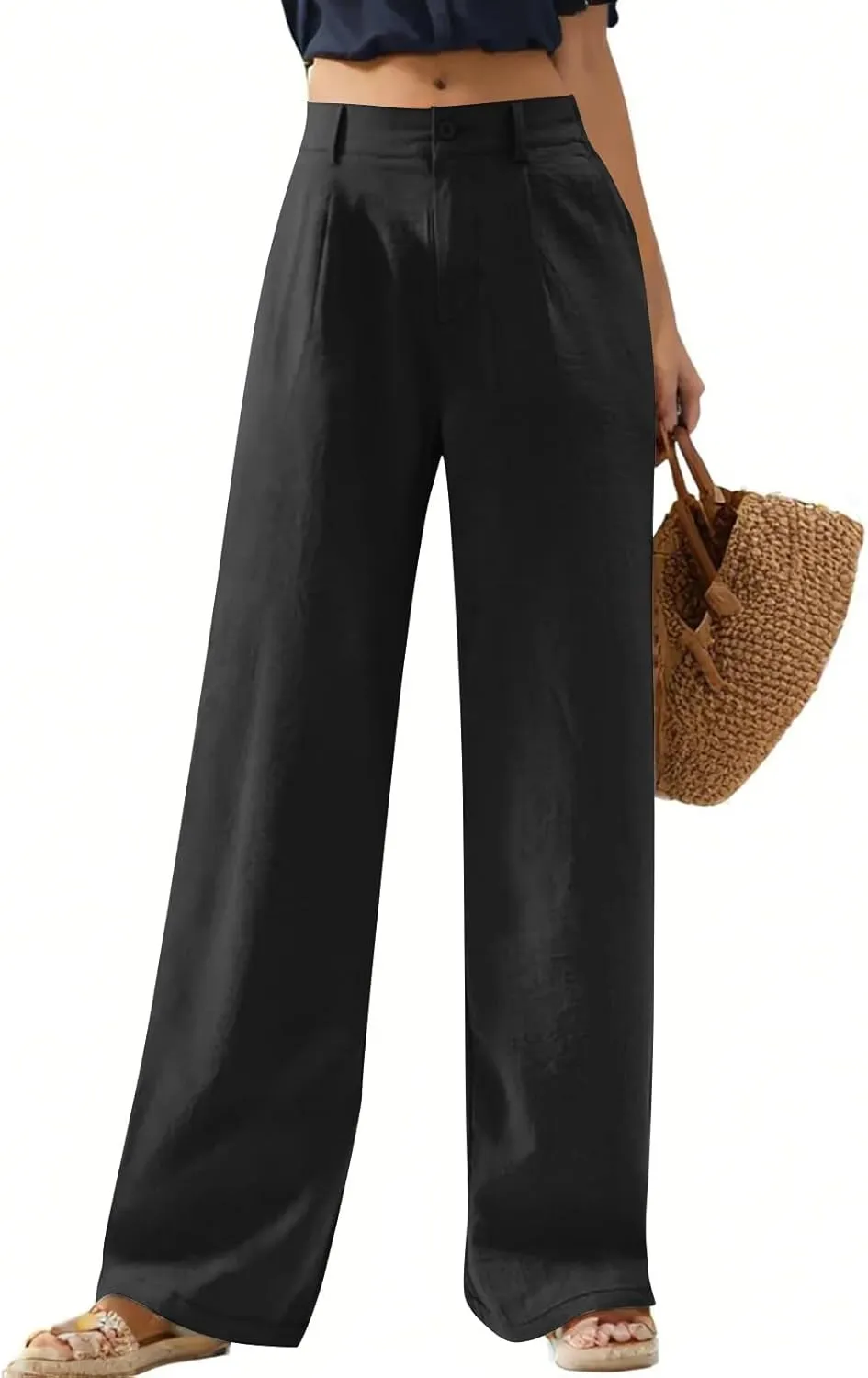 Wide Leg Linen Pants for Women Business Casual High Waisted Dress Pants Office Work Pants Straight Trousers w/Pockets