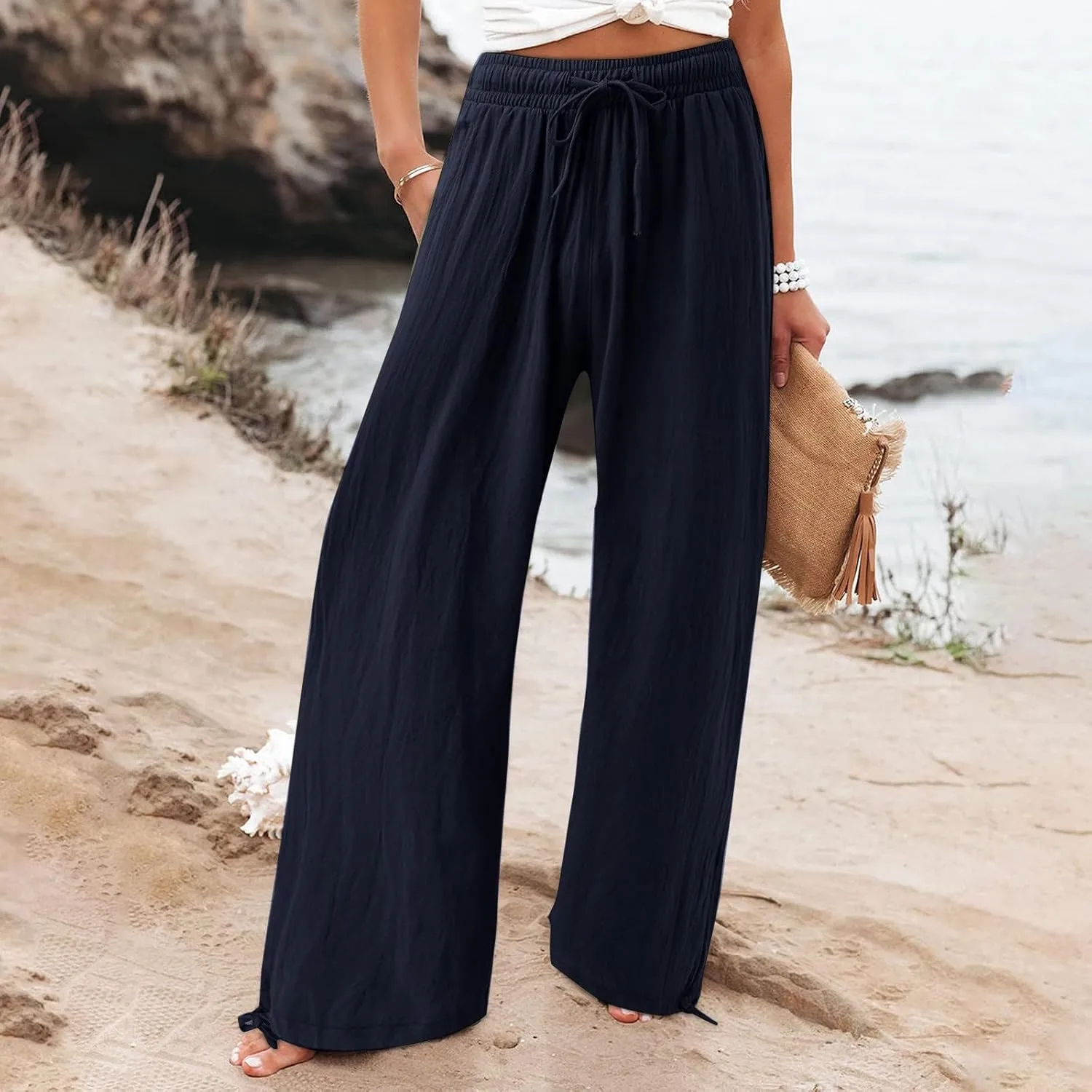 Wide Leg Linen Pants for Women Casual High Waisted Palazzo Pants Lightweight Summer Flowy Beach Trousers with Pockets