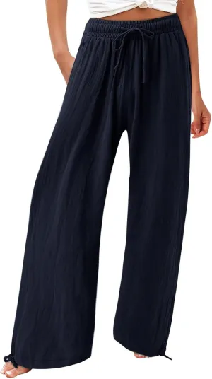 Wide Leg Linen Pants for Women Casual High Waisted Palazzo Pants Lightweight Summer Flowy Beach Trousers with Pockets