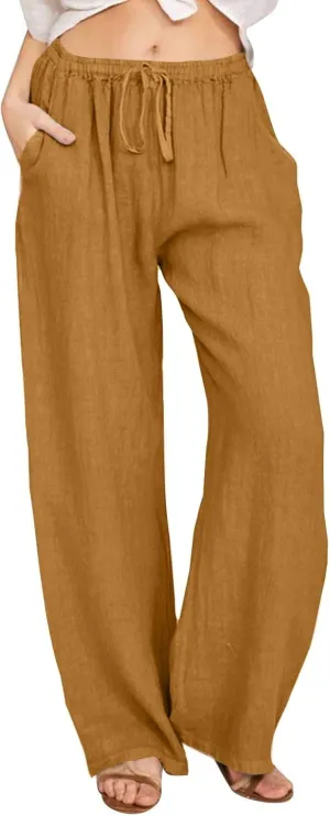 Wide Leg Linen Pants for Women Drawstring High Waisted Palazzo Pants Comfy Loose Boho Beach Trousers with Pockets