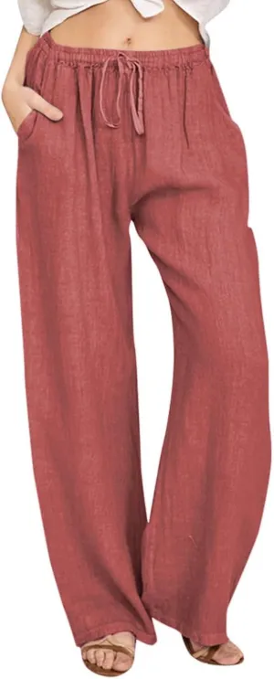 Wide Leg Linen Pants for Women Drawstring High Waisted Palazzo Pants Comfy Loose Boho Beach Trousers with Pockets