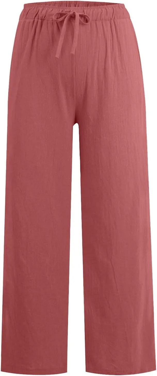 Wide Leg Linen Pants for Women Drawstring High Waisted Palazzo Pants Comfy Loose Boho Beach Trousers with Pockets