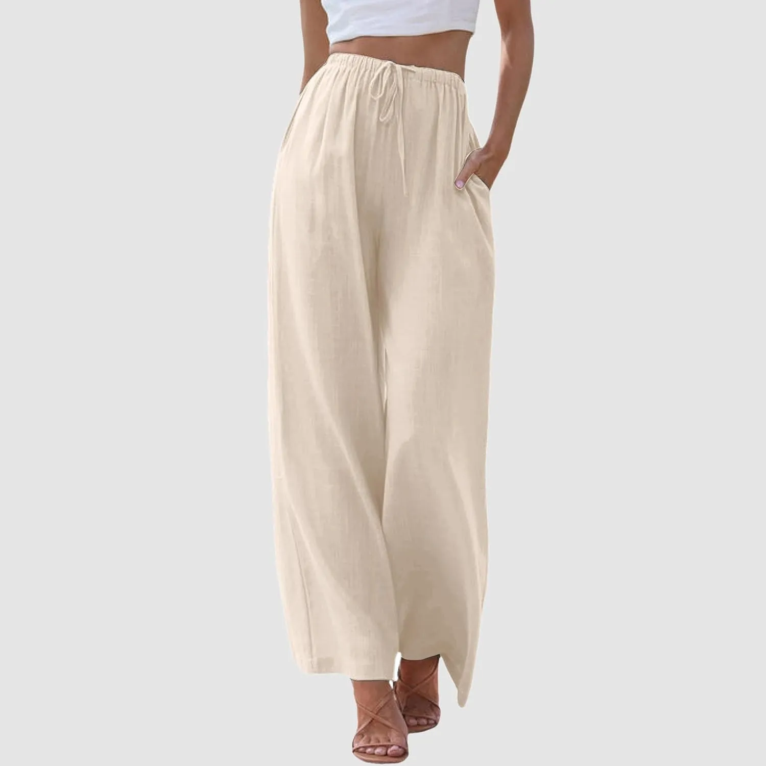 Wide Leg Linen Pants for Women Flowy Summer High Waisted Beach Palazzo Trousers Loose Preppy Yoga Pants Trendy Womens Fashion