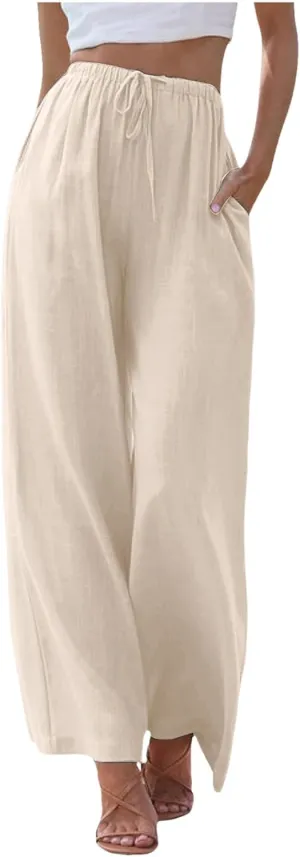 Wide Leg Linen Pants for Women Flowy Summer High Waisted Beach Palazzo Trousers Loose Preppy Yoga Pants Trendy Womens Fashion