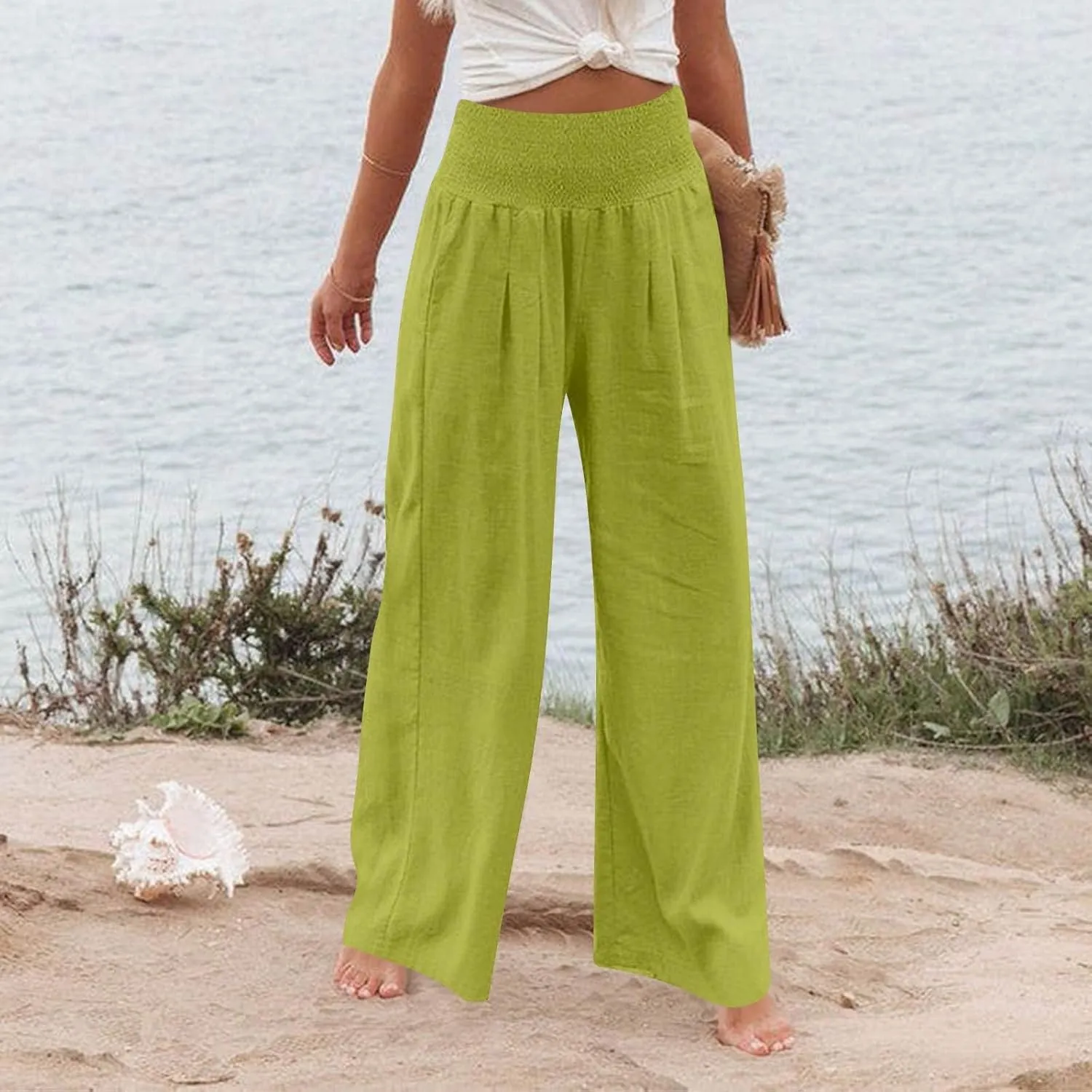 Wide Leg Linen Pants for Women High Waist Summer Palazzo Pants Smocked Elastic Pant Dressy Trouser with Pockets