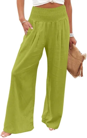 Wide Leg Linen Pants for Women High Waist Summer Palazzo Pants Smocked Elastic Pant Dressy Trouser with Pockets